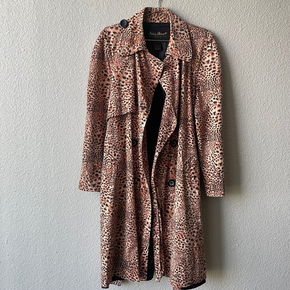 Ashley Stewart Womens Trench Coat Plus Size 14W Leopard Print Brown Tan Fall